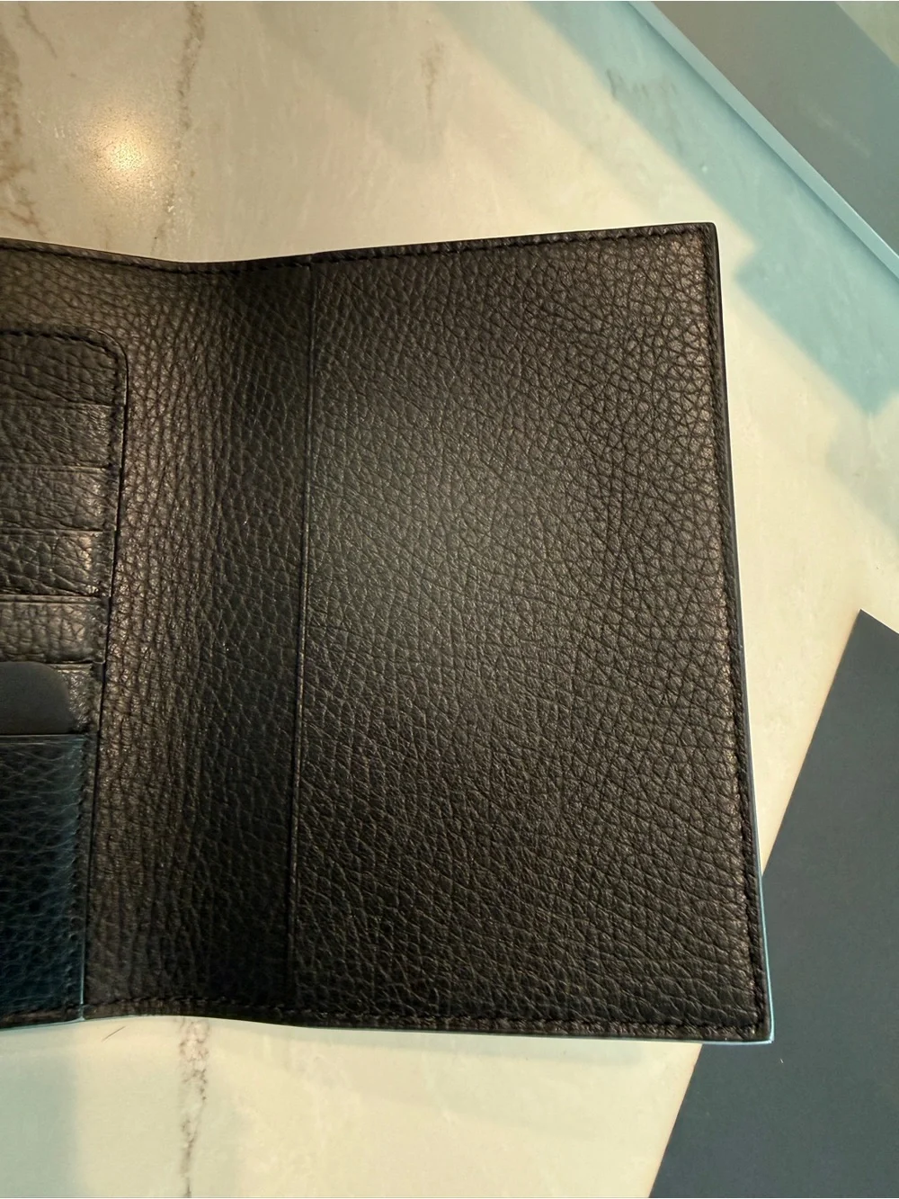 Authentic Tom Ford Black Pebbled Leather Passport Wallet with Silver Logo
